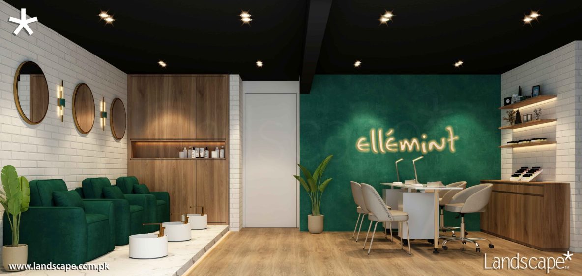 luxury salon interior with emerald green accents