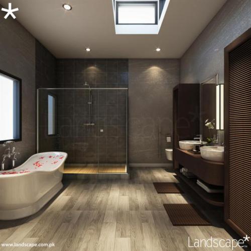 Modern Luxury Bathroom Design with Elegant  Streamlined Ceramic Bathtubs, Natural Lighting Via Skylights, Glass Shower Panels  WC Concealed in a corner