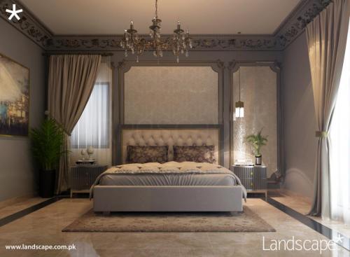 Bedroom with Monochromatic Colors and a Hint of Gold 