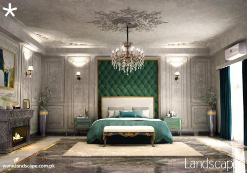 Rich Masterbedroom Interiors with a Play of Emeralds and Blues