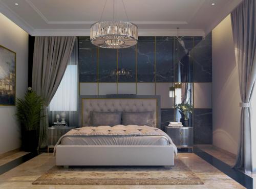 Bedroom with a Sleek Glistening Bed Wall 