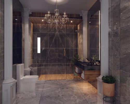 Master Bath with Rich Mouldings and Chandelier 