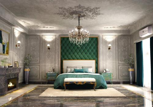Rich Master Bedroom Interiors with a Play of Emeralds and Blues